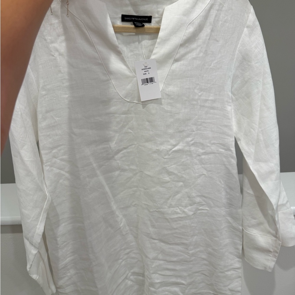 LINEN SAKS FIFTH AVENUE White V-Neck Tunic Dress - Picture 6 of 12